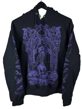 Mens Y2K Vampire Freaks Crow Punk Grunge Pullover Black Hoodie Size S